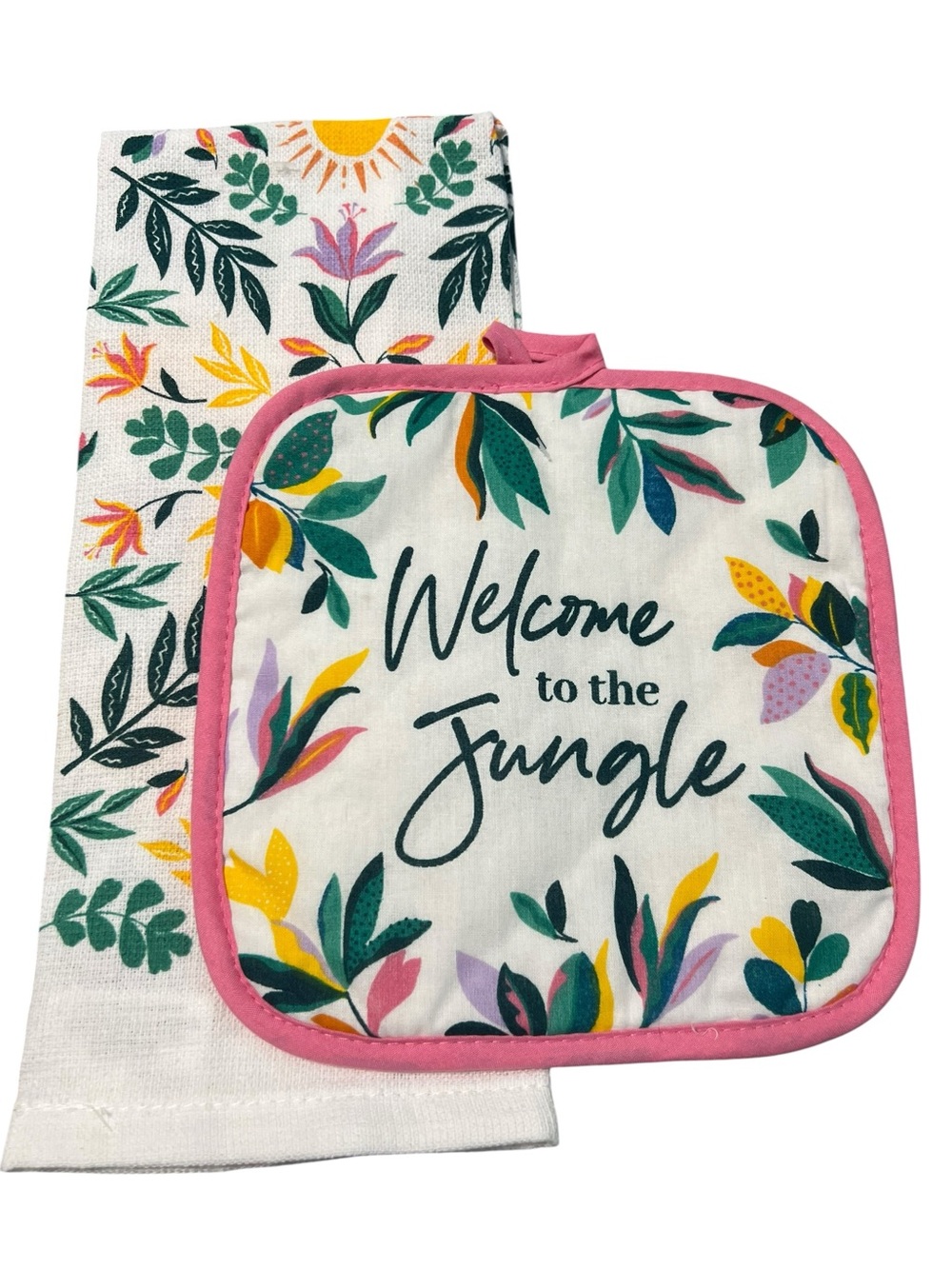 Welcome to the Jungle Floral Potholder and Tea Towel Set - Pink Trim